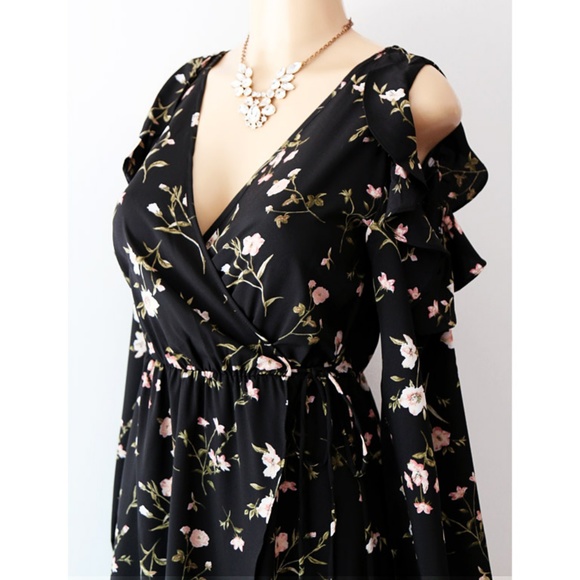 Last☝️ Floral Cold Ruffle Shoulder Wrap Midi Dress - Picture 7 of 8